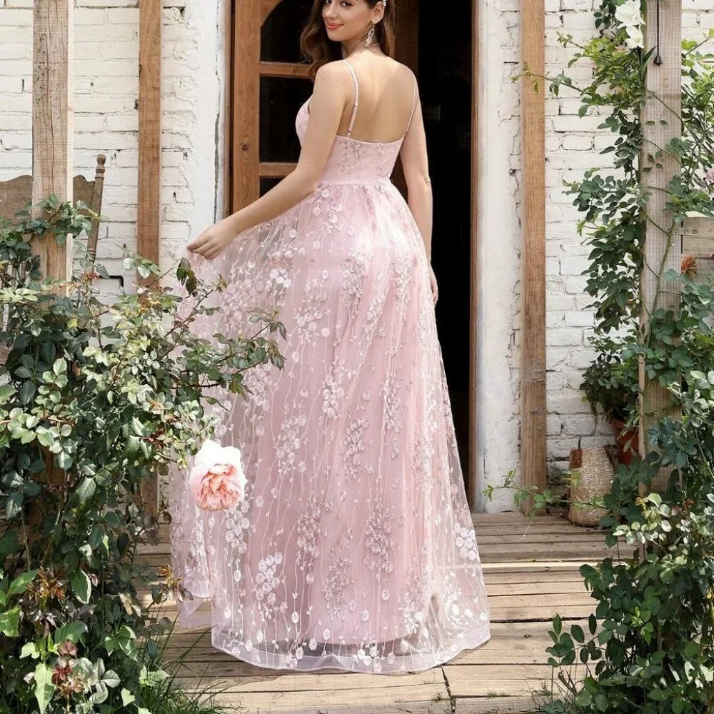 Baby Prom Womens Pink Embroidery Mesh Overlay Cami Flowy Maxi Dress - Picture 2 of 5